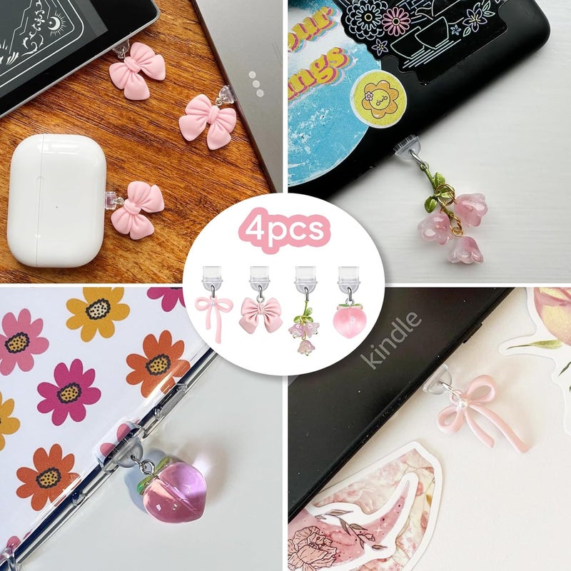 sunla Store 4Pcs Charms for Kindle, Pink Bow Dust Plug Charm Compatible with E-Reader, Phone, Ipad with Type C/USB C Charging Port-CP001 - Image 3